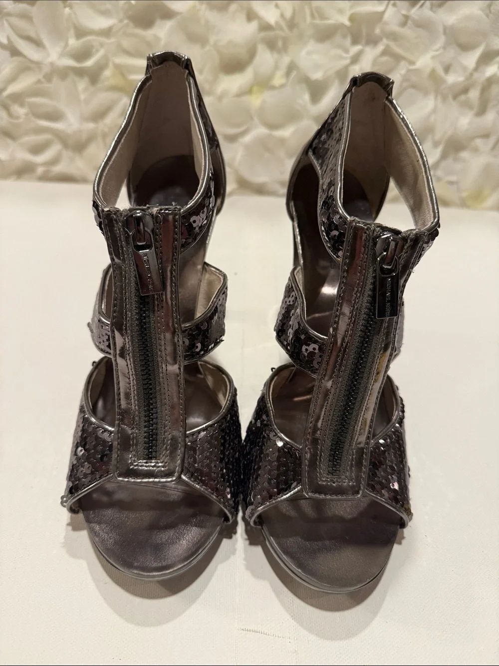 Michael Kors Metallic Gunmetal Sequin Zip-Front Heeled Sandals